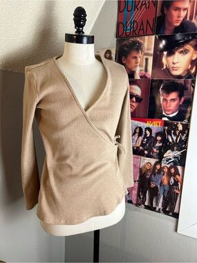 Old Navy Beige Ribbed Wrap V-Neck Sweater